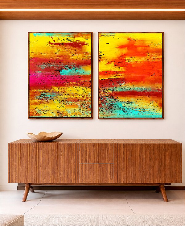 Duo de Quadros Abstrato Colorido Amarelo Laranja Turquesa Efeito Concreto Canvas Moldura