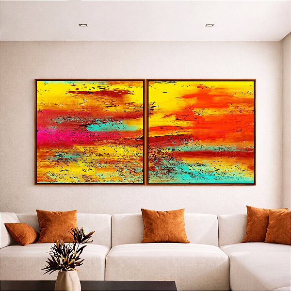 Duo de Quadros Quadrados Abstrato Colorido Amarelo Laranja Turquesa Efeito Concreto Canvas Moldura
