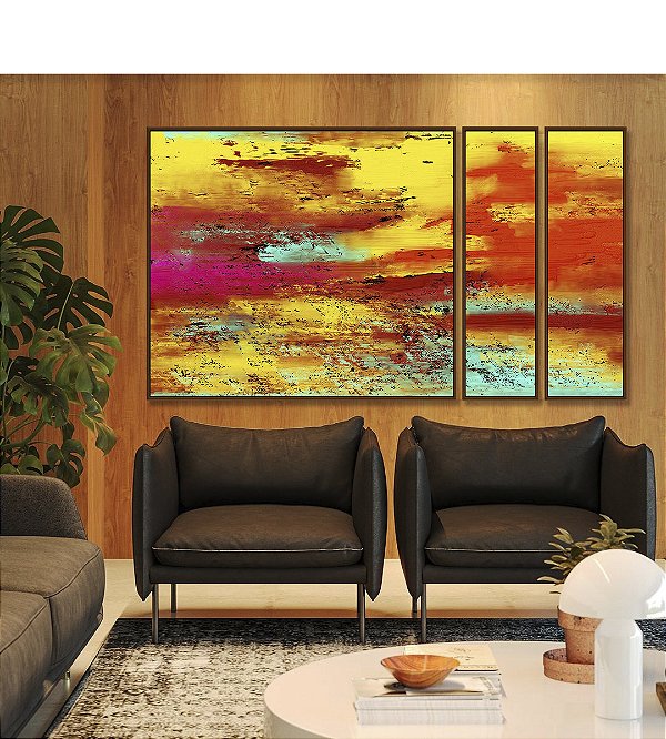 Trio de Quadros Estilizados Abstrato Colorido Amarelo Laranja Turquesa Efeito Concreto Canvas Moldura