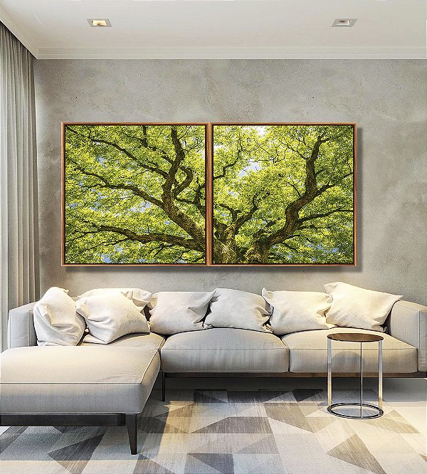 Duo de Quadros Quadrados Copa de Árvore Verde Natureza Paisagem Luz Solar Canvas Moldura