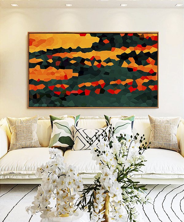 Quadro Horizontal Abstrato Mosaico Laranja Tangerina Verde Floresta Canvas Moldura