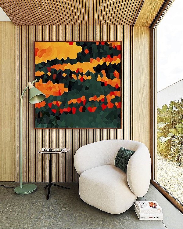 Quadro Quadrado Abstrato Mosaico Laranja Tangerina Verde Floresta Canvas Moldura