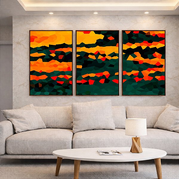 Trio de Quadros Abstrato Mosaico Laranja Tangerina Verde Floresta Canvas Moldura