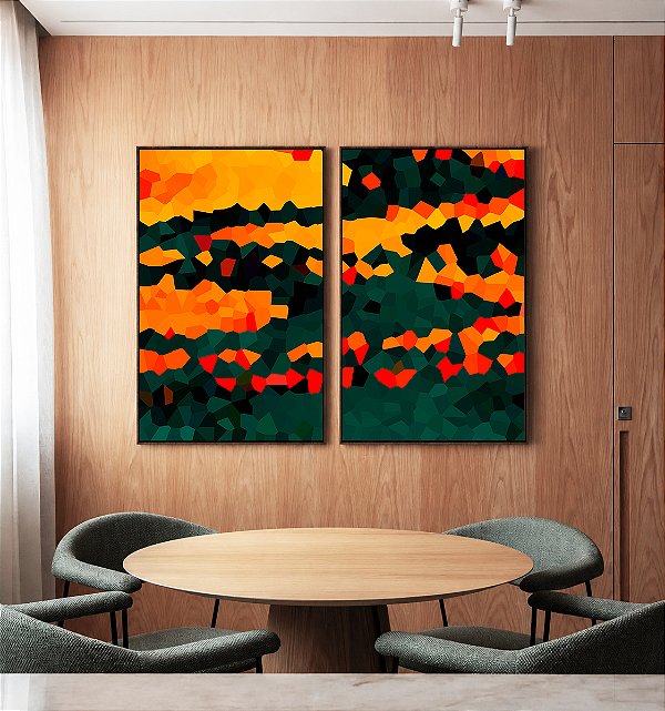 Duo de Quadros Abstrato Mosaico Laranja Tangerina Verde Floresta Canvas Moldura