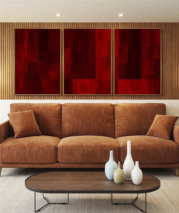 Trio de Quadros Abstrato Tons de Vermelho Carmim Bordô Canvas Moldura