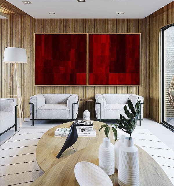 Duo de Quadros Quadrados Abstrato Tons de Vermelho Carmim Bordô Canvas Moldura