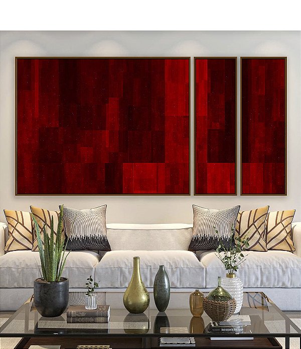 Trio de Quadros Estilizados Abstrato Tons de Vermelho Carmim Bordô Canvas Moldura
