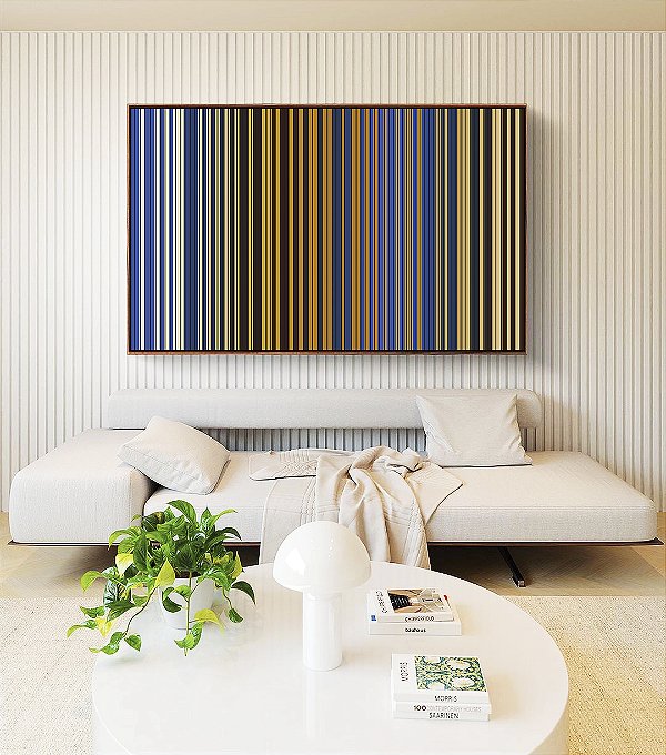Quadro Horizontal Abstrato Listras Azul Areia Mostarda Canvas Moldura