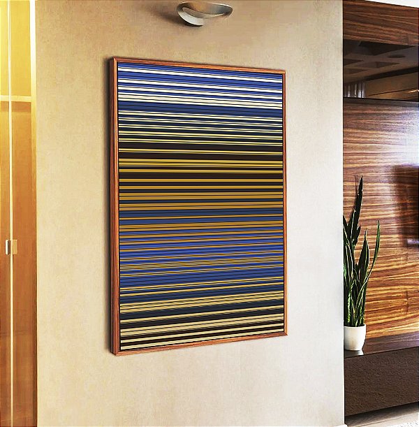 Quadro Vertical Abstrato Listras Azul Areia Mostarda Canvas Moldura