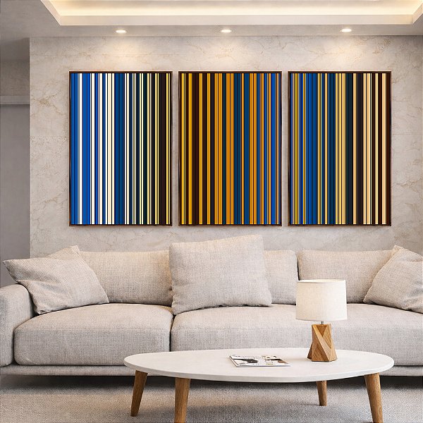Trio de Quadros Abstrato Listras Azul Areia Mostarda Canvas Moldura