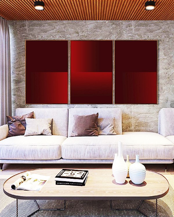 Trio de Quadros Abstrato Geométrico Degradê Vermelho Intenso Canvas Moldura