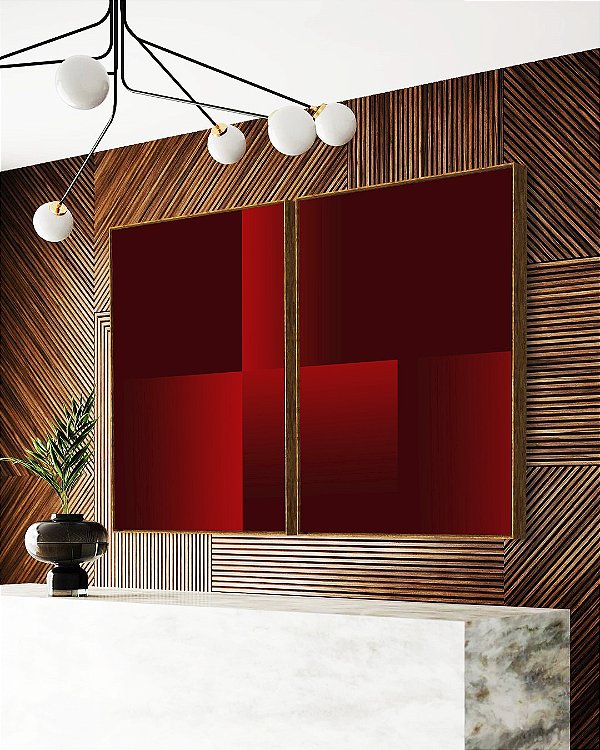 Duo de Quadros Abstrato Geométrico Degradê Vermelho Intenso Canvas Moldura