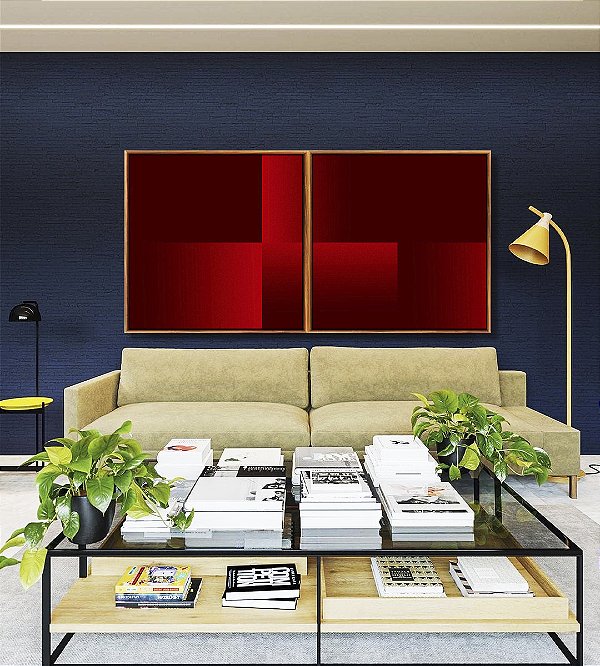 Duo de Quadros Quadrados Abstrato Geométrico Degradê Vermelho Intenso Canvas Moldura