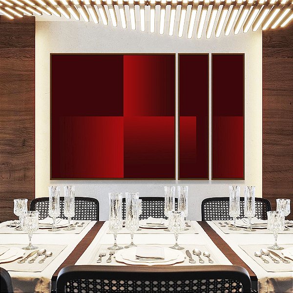 Trio de Quadros Estilizados Abstrato Geométrico Degradê Vermelho Intenso Canvas Moldura