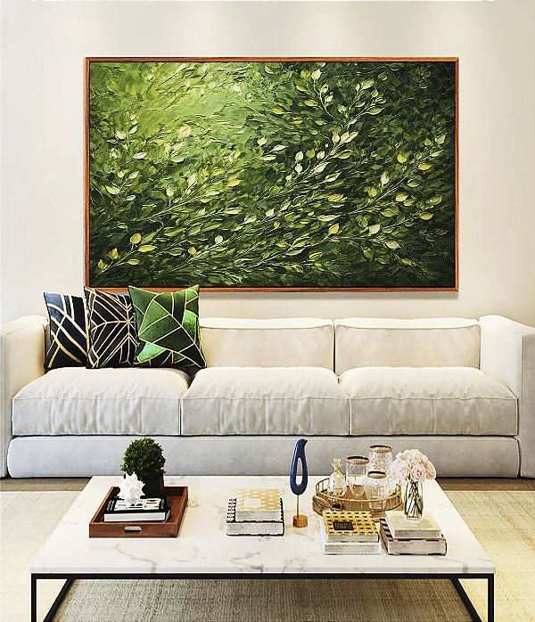 Quadro Horizontal Folhagens Verdes Pintura de Folhas Movimento Natureza Paisagem Canvas Moldura