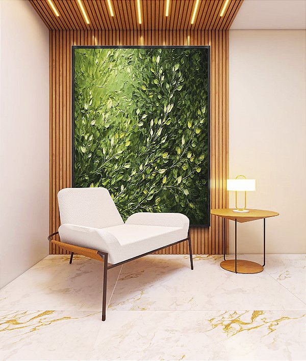 Quadro Vertical Folhagens Verdes Pintura de Folhas Movimento Natureza Paisagem Canvas Moldura