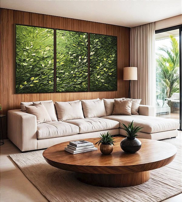 Trio de Quadros Folhagens Verdes Pintura de Folhas Movimento Natureza Paisagem Canvas Moldura