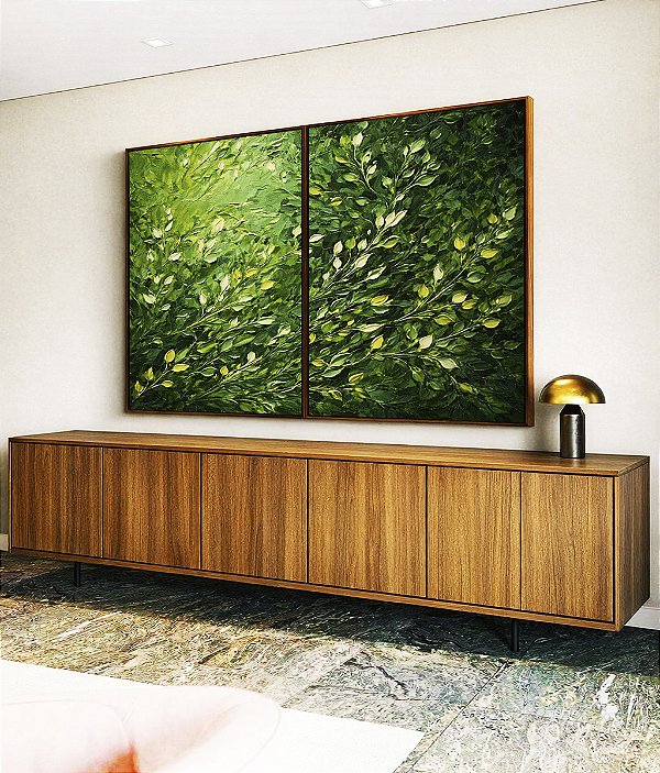Duo de Quadros Folhagens Verdes Pintura de Folhas Movimento Natureza Paisagem Canvas Moldura