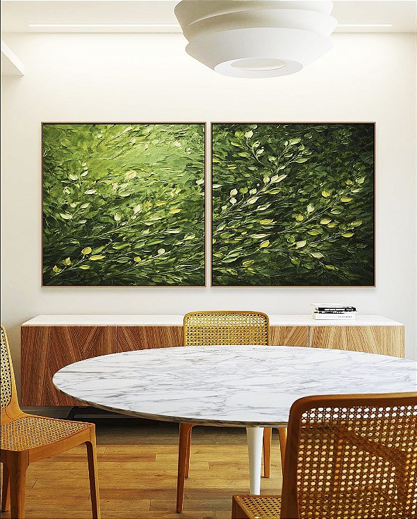 Duo de Quadros Quadrados Folhagens Verdes Pintura de Folhas Movimento Natureza Paisagem Canvas Moldura