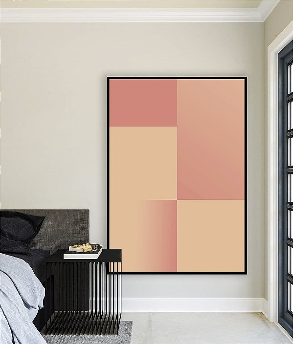 Quadro Vertical Abstrato Geométrico Degradê Rosa Pêssego Salmão Canvas Moldura