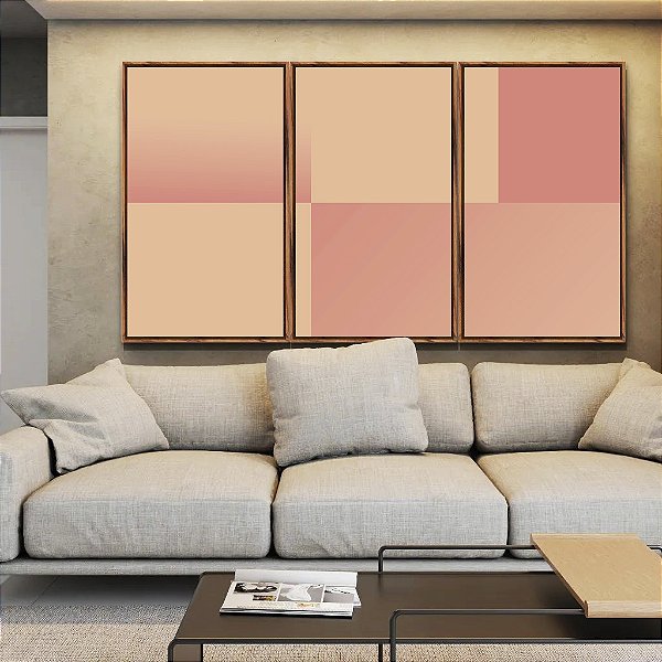 Trio de Quadros Abstrato Geométrico Degradê Rosa Pêssego Salmão Canvas Moldura