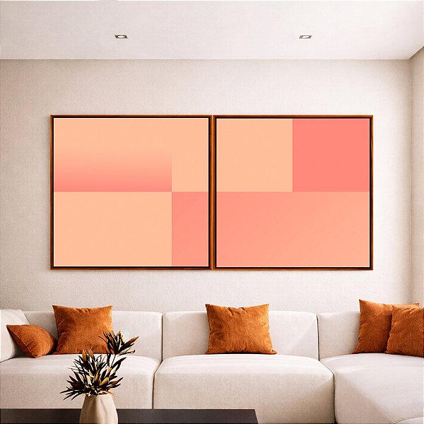 Duo de Quadros Quadrados Abstrato Geométrico Degradê Rosa Pêssego Salmão Canvas Moldura