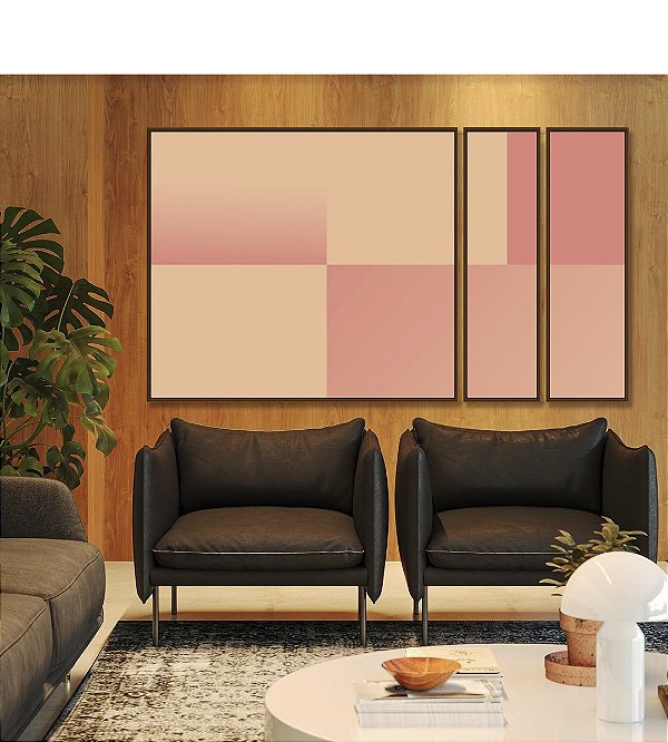 Trio de Quadros Estilizados Abstrato Geométrico Degradê Rosa Pêssego Salmão Canvas Moldura