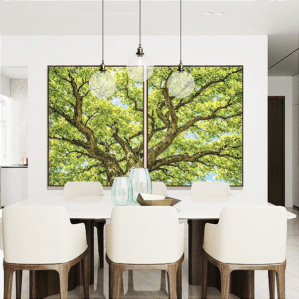 Duo de Quadros Copa de Árvore Verde Luz Solar Céu Azul Natureza Canvas Moldura