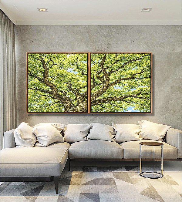 Duo de Quadros Quadrados Copa de Árvore Verde Luz Solar Céu Azul Natureza Canvas Moldura