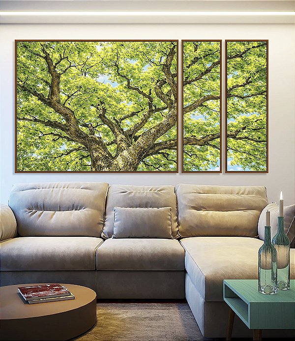 Trio de Quadros Estilizados Copa de Árvore Verde Luz Solar Céu Azul Natureza Canvas Moldura