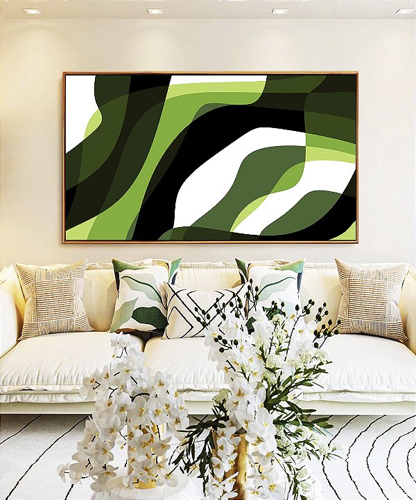 Quadro Horizontal Abstrato Mosaico Verde Floresta Limão Canvas Moldura