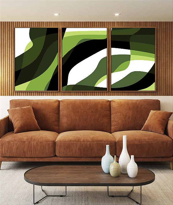Trio de Quadros Abstrato Mosaico Verde Floresta Limão Canvas Moldura