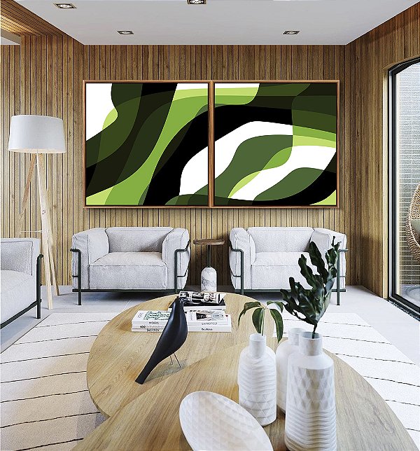 Duo de Quadros Quadrados Abstrato Mosaico Verde Floresta Limão Canvas Moldura