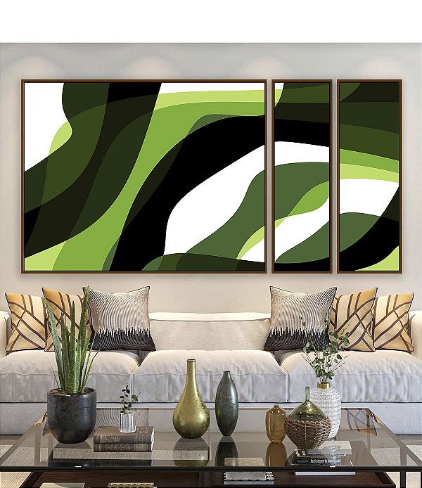 Trio de Quadros Estilizados Abstrato Mosaico Verde Floresta Limão Canvas Moldura