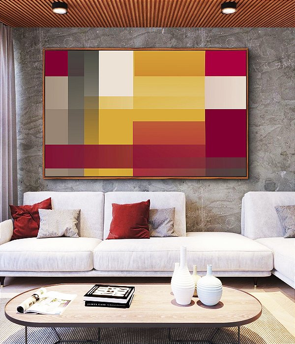 Quadro Horizontal Abstrato Geométrico Degradê Amarelo Mostarda Laranja Cinza Canvas Moldura