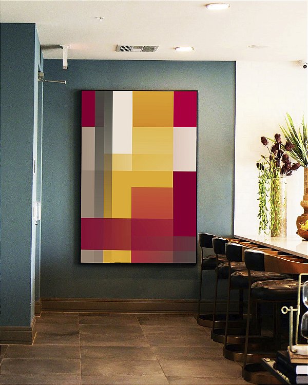 Quadro Vertical Abstrato Geométrico Degradê Amarelo Mostarda Laranja Cinza Canvas Moldura