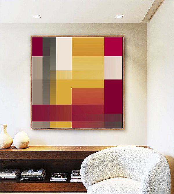 Quadro Quadrado Abstrato Geométrico Degradê Amarelo Mostarda Laranja Cinza Canvas Moldura