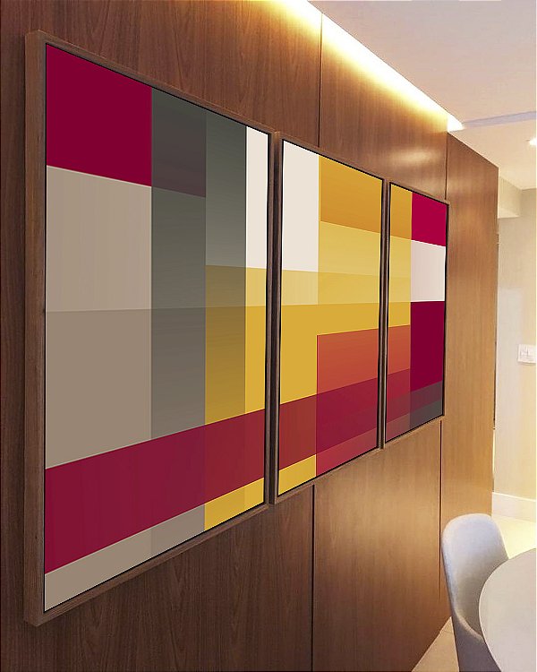 Trio de Quadros Abstrato Geométrico Degradê Amarelo Mostarda Laranja Cinza Canvas Moldura