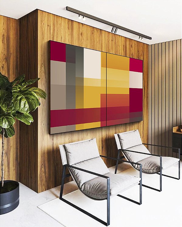 Duo de Quadros Abstrato Geométrico Degradê Amarelo Mostarda Laranja Cinza Canvas Moldura