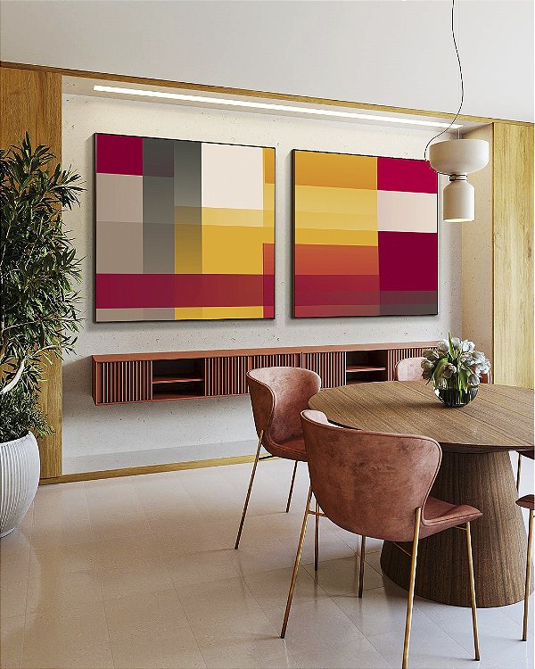 Duo de Quadros Quadrados Abstrato Geométrico Degradê Amarelo Mostarda Laranja Cinza Canvas Moldura
