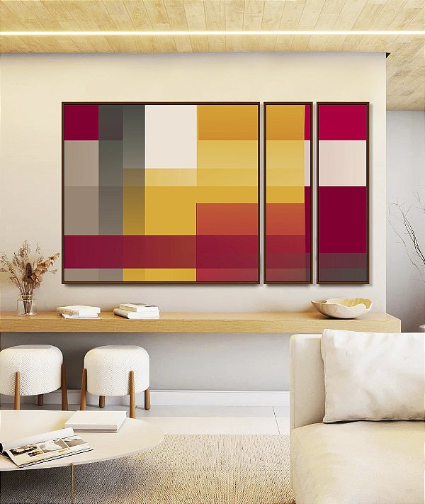 Trio de Quadros Estilizados Abstrato Geométrico Degradê Amarelo Mostarda Laranja Cinza Canvas Moldura