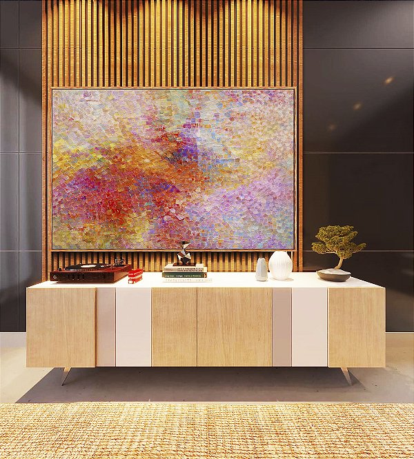 Quadro Horizontal Abstrato Mosaico Rosa Coral Colorido Canvas Moldura