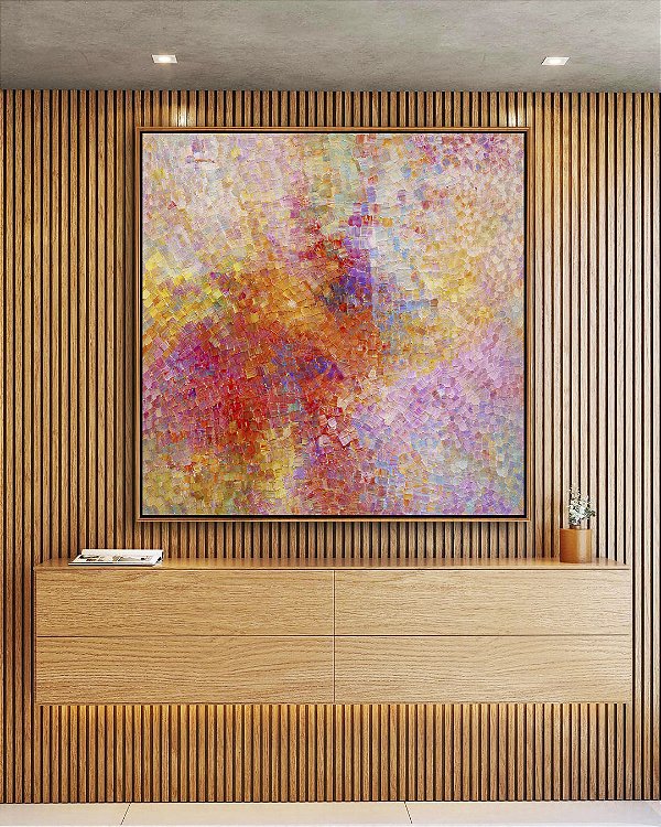 Quadro Quadrado Abstrato Mosaico Rosa Coral Colorido Canvas Moldura