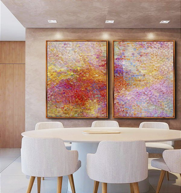 Duo de Quadros Abstrato Mosaico Rosa Coral Colorido Canvas Moldura