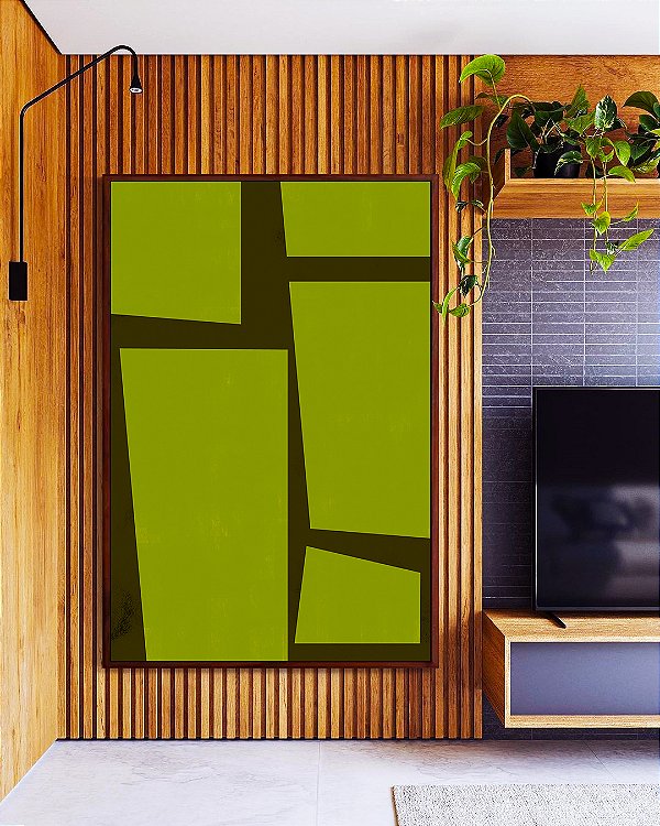 Quadro Vertical Abstrato Minimalista Geométrico Verde Oliva Marrom Canvas Moldura
