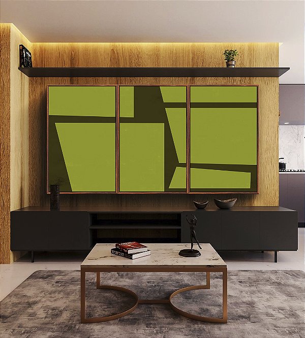 Trio de Quadros Abstrato Minimalista Geométrico Verde Oliva Marrom Canvas Moldura