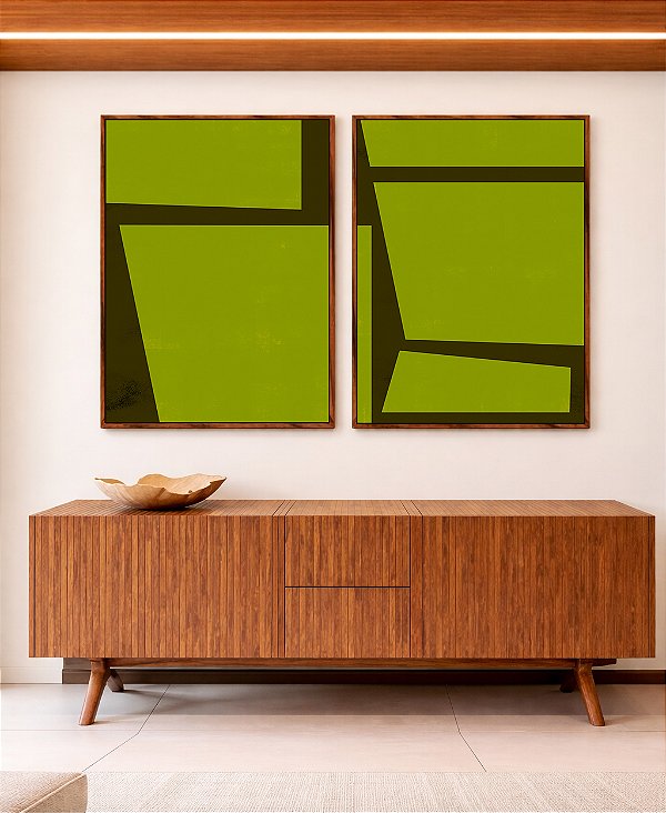 Duo de Quadros Abstrato Minimalista Geométrico Verde Oliva Marrom Canvas Moldura