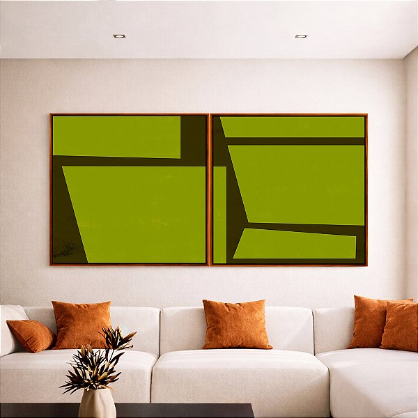 Duo de Quadros Quadrados Abstrato Minimalista Geométrico Verde Oliva Marrom Canvas Moldura