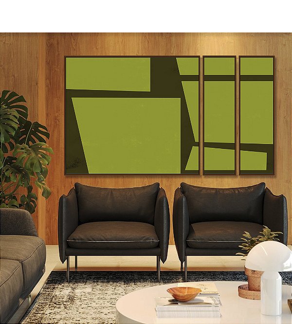 Trio de Quadros Estilizados Abstrato Minimalista Geométrico Verde Oliva Marrom Canvas Moldura