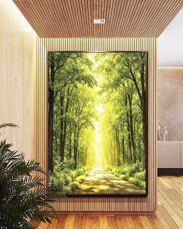 Quadro Vertical Caminho Iluminado na Floresta Verde Natureza Paisagem Canvas Moldura